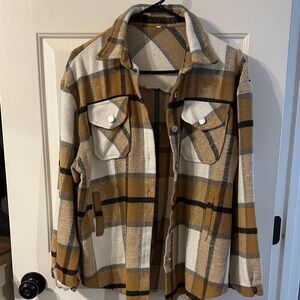 Shacket, tan plaid, oversized medium
